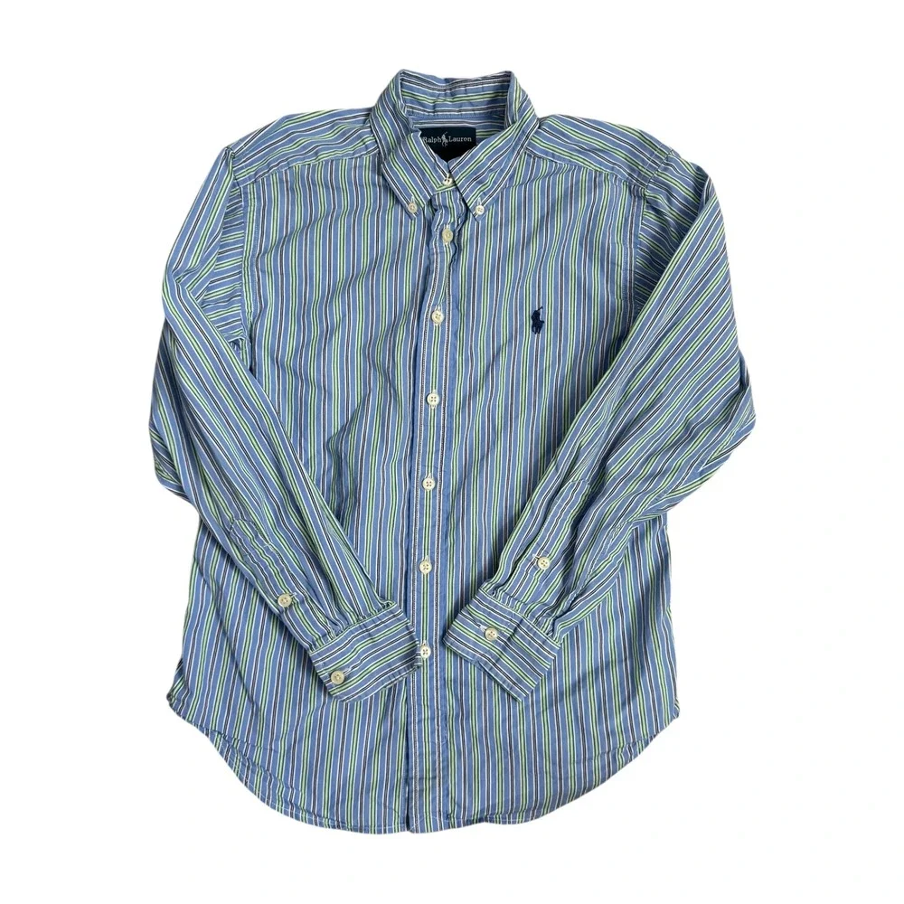 Ralph Lauren Kids Button Down Shirt Blue Green‎ Stripe Polo Pony Size M 10-12